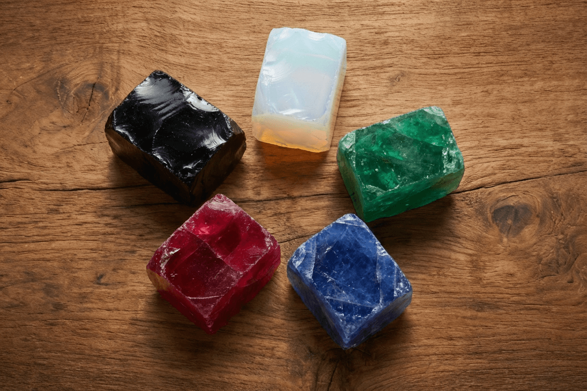 Stoneblade Forge craftsmanship image—five natural crystal gemstone blocks (black, white opal-like, green, red and blue) on a wood surface, highlighting unique color bands, inclusions and one-of-one patterns in every stone blade.