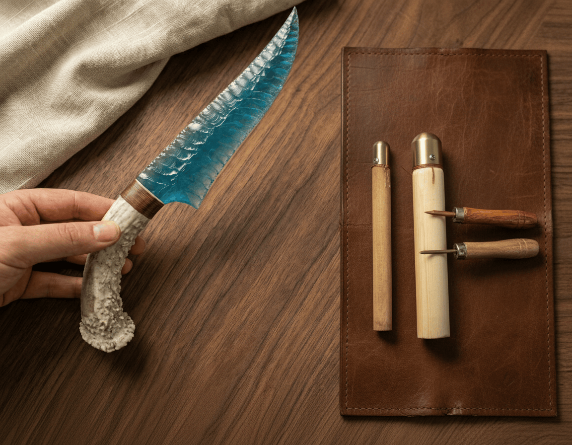 Blue hand-knapped crystal curved blade on wood table with leather mat and knapping tools