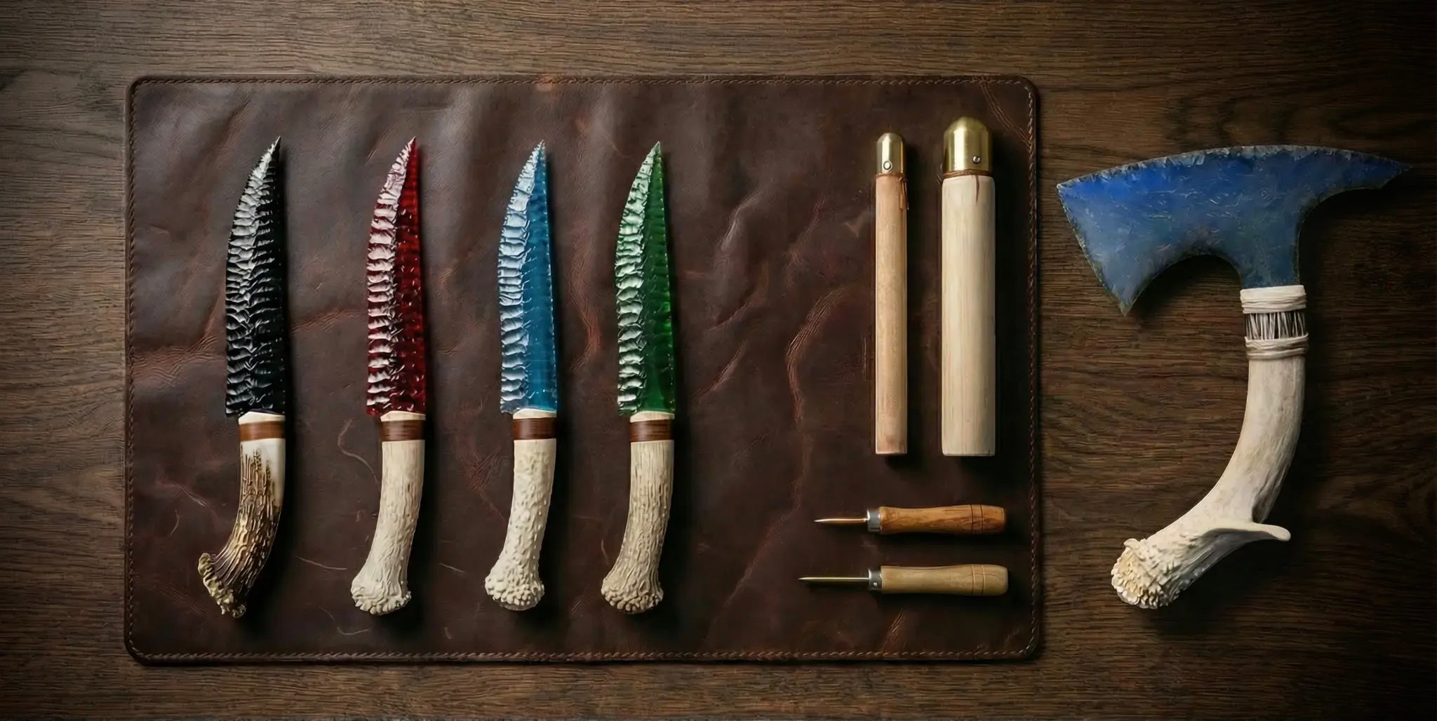 Stoneblade Forge handcrafted stone blade set—black, red, blue and green knapped-style blades with antler handles—displayed on a leather mat with stone axe and knapping tools.