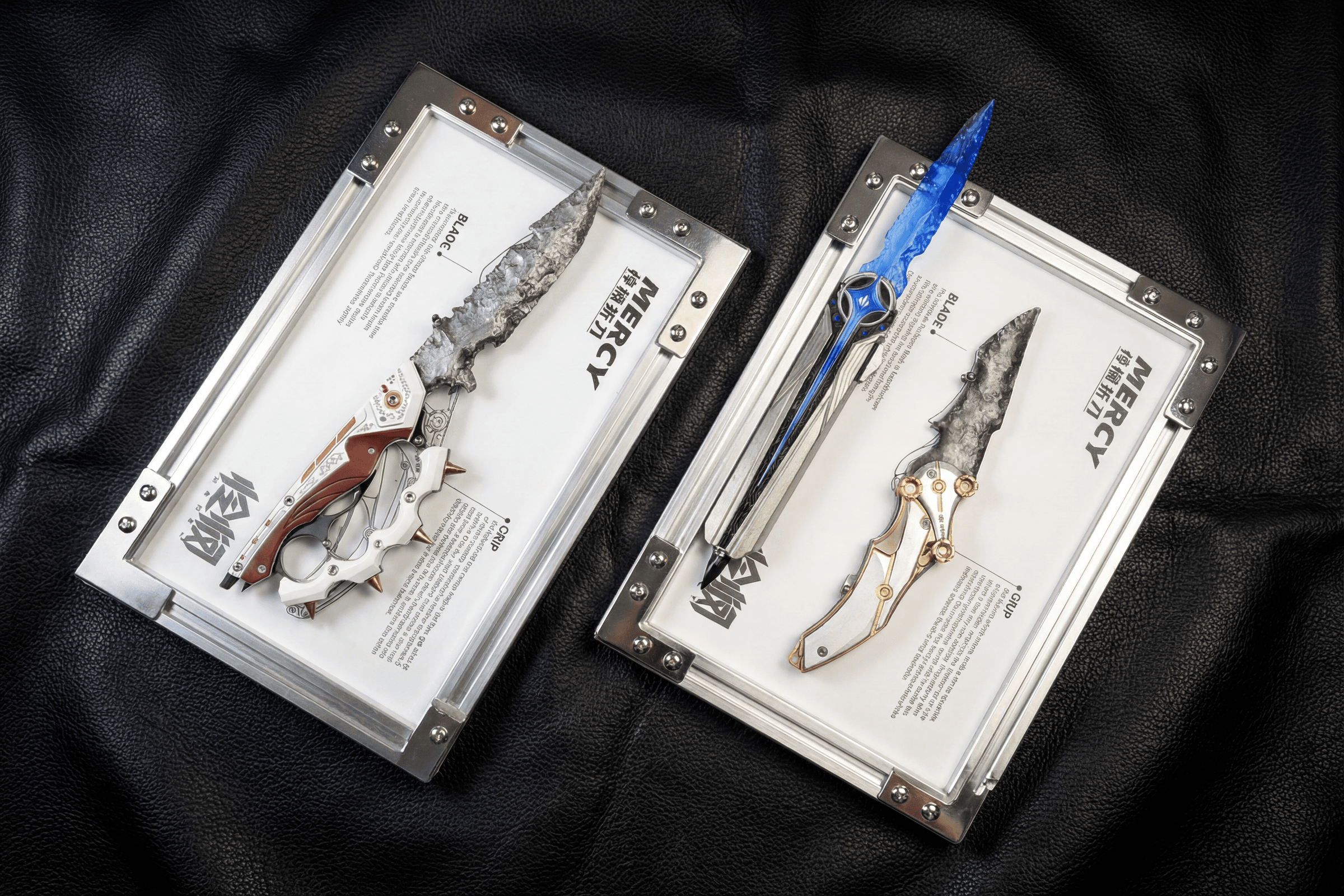 Stoneblade Forge Delta Force–inspired featured banner—two replica-style stone blade collectibles in display cases on black leather, featuring a rugged grey blade and a vivid blue crystal-like blade.