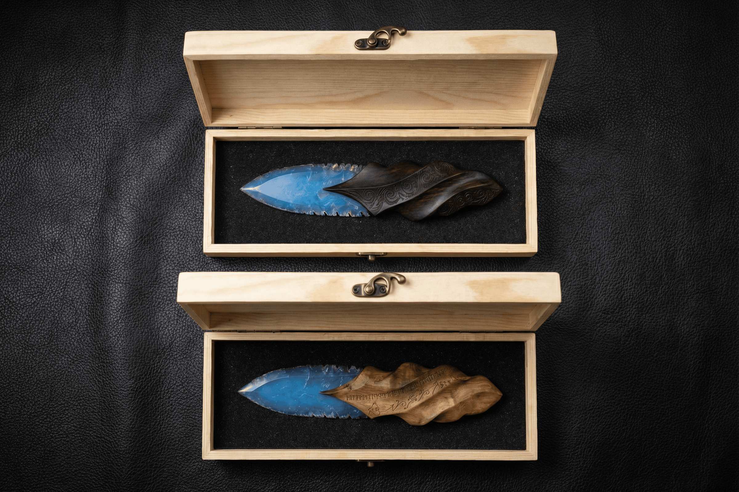Stoneblade Forge blue crystal daggers with carved wooden handles displayed in two open wooden gift boxes on black leather background