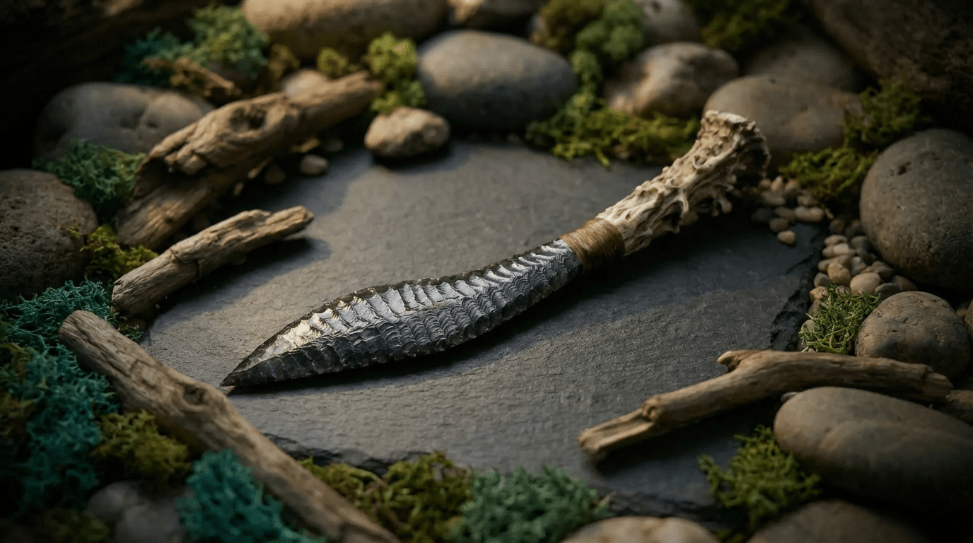 Stoneblade-Curved Blade collection banner, handcrafted curved stone blade knife with obsidian-black edge and antler handle on slate with moss and river stones