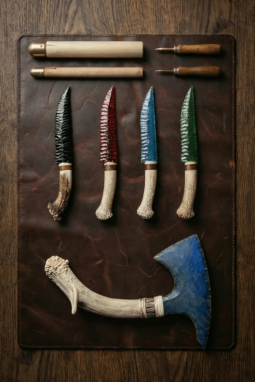 Mobile hero banner: Stoneblade Forge handcrafted stone blades (black, red, blue, green) with antler handles on a leather mat, plus stone axe and tools.