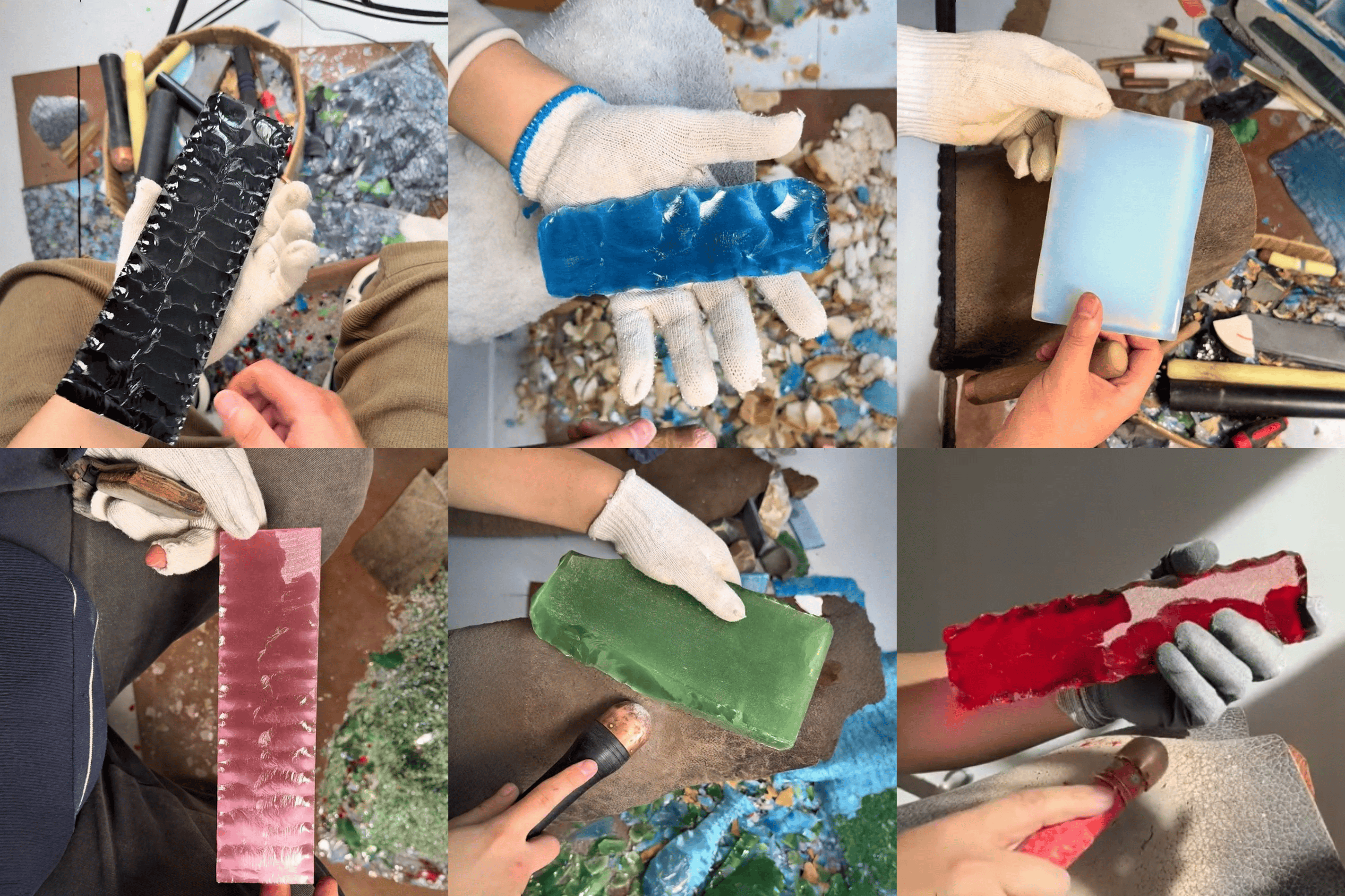 Raw crystal & glass blocks (obsidian, blue, milky, green, red) for hand-knapped stone blades