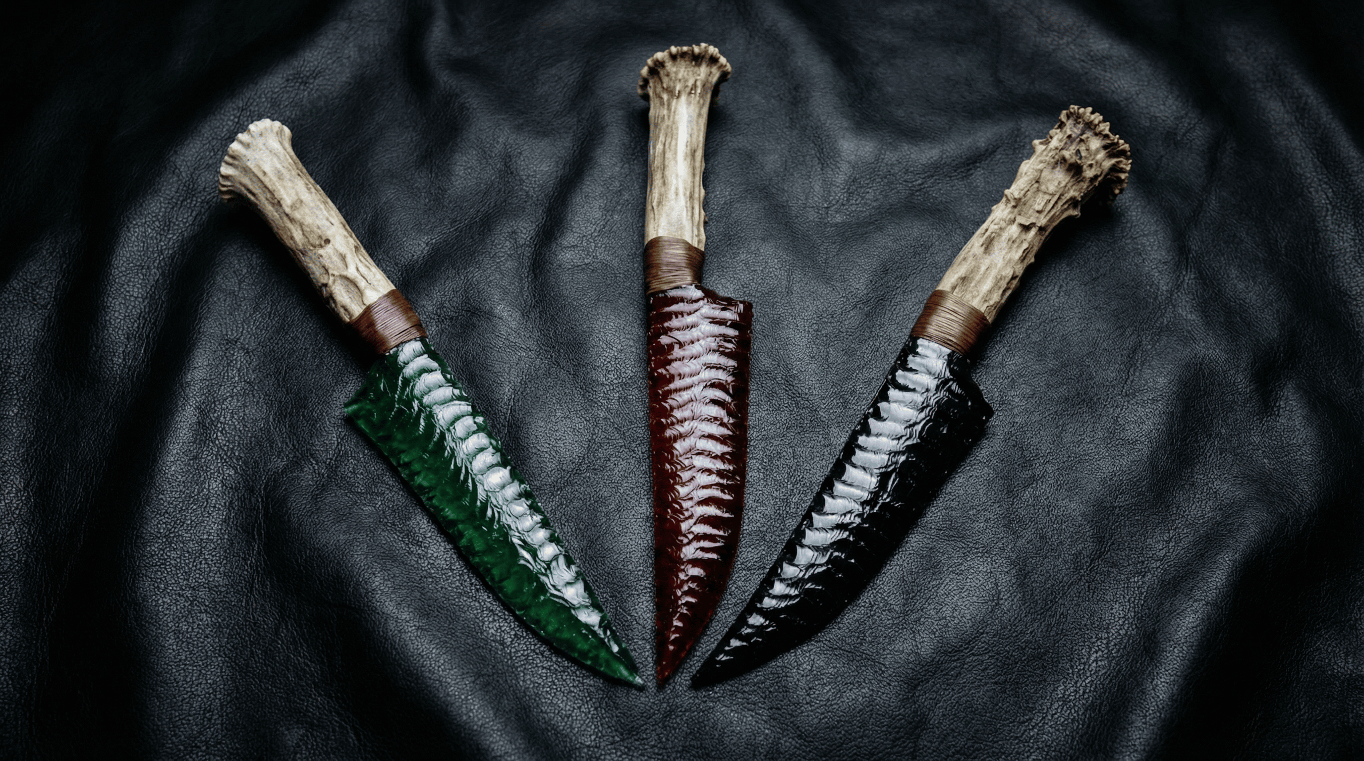 Stoneblade Forge crystal dagger set with green, red, and black blades and natural antler handles on black leather background