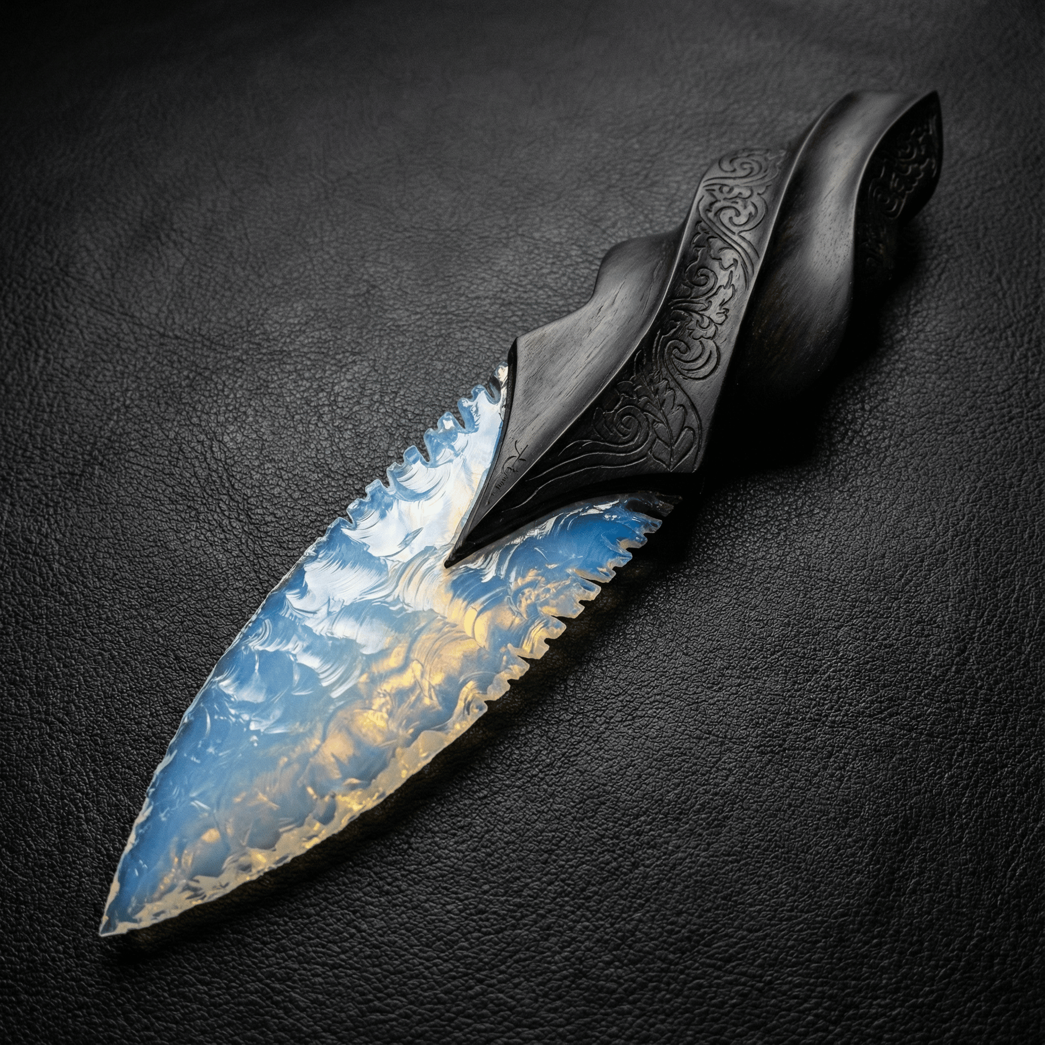 Stoneblade Forge hand-knapped blue opalite crystal dagger with carved black wooden handle on black textured background
