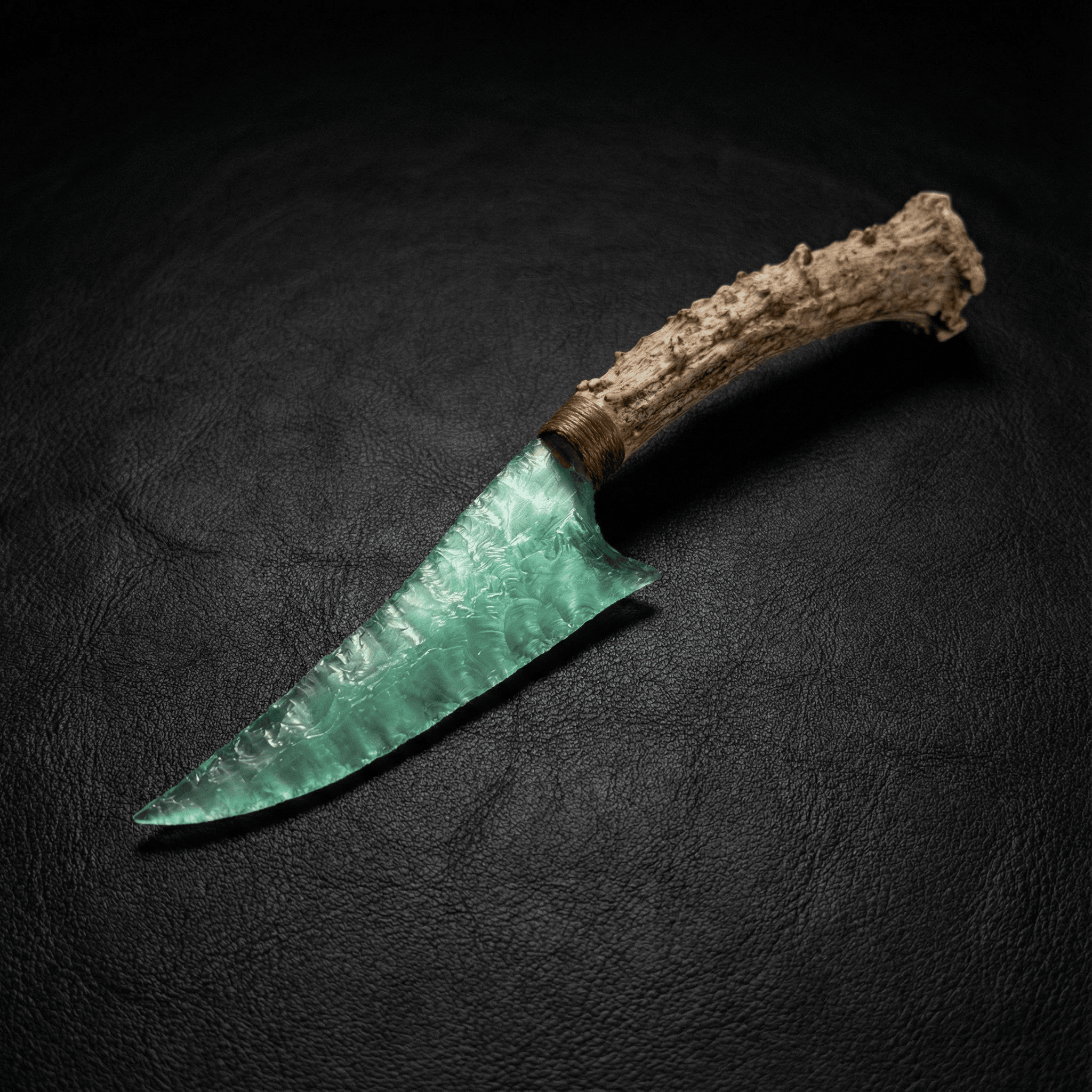 Seafoam-green stone blade dagger with antler handle on dark leather background