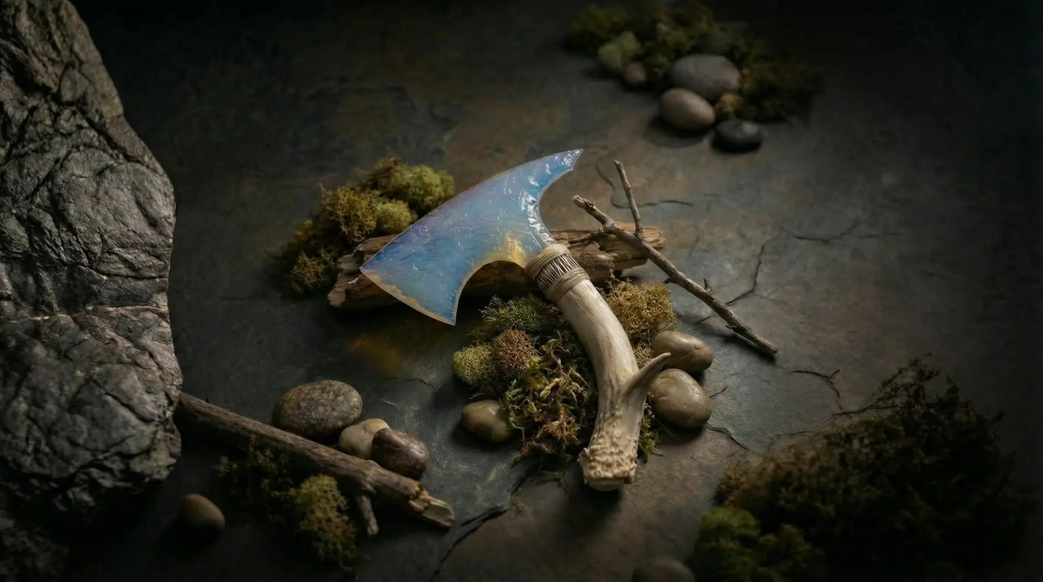 Stoneblade-Axe collection banner, handcrafted stone blade axe with iridescent blue crystal edge and antler handle on moss and river stones