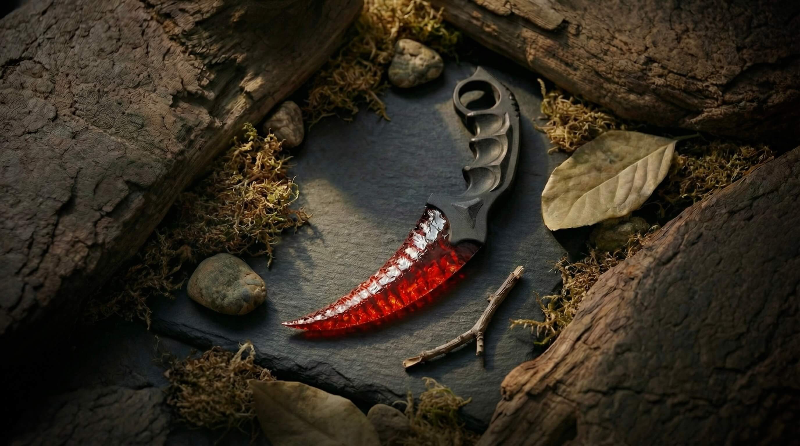 Stoneblade-Claw Knife collection banner, handcrafted claw knife with red crystal blade and black handle on slate stone with moss and driftwood