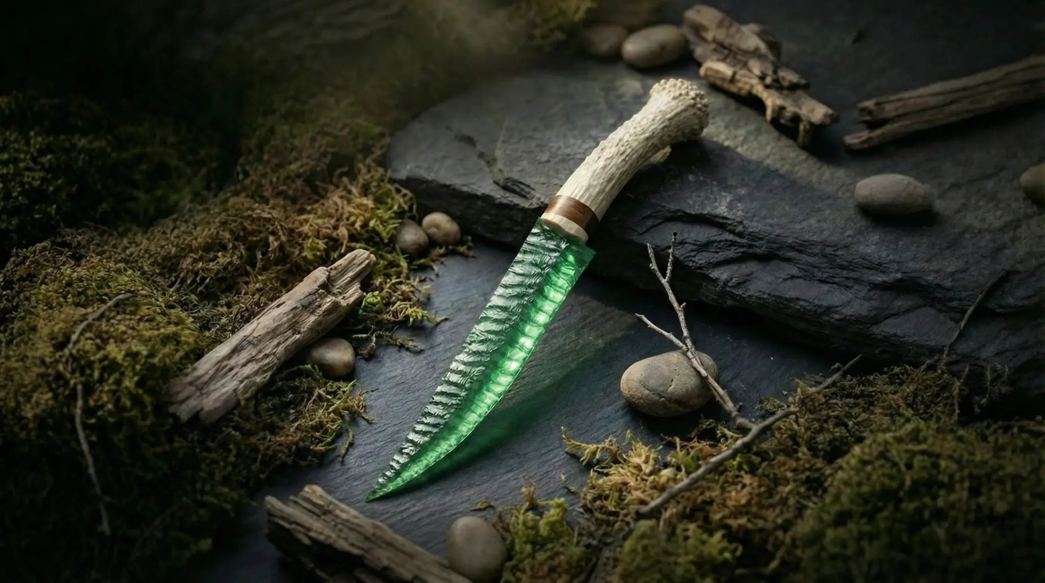 Stoneblade-Dagger collection banner, handcrafted green crystal dagger with antler handle on moss, slate stone, and river pebbles