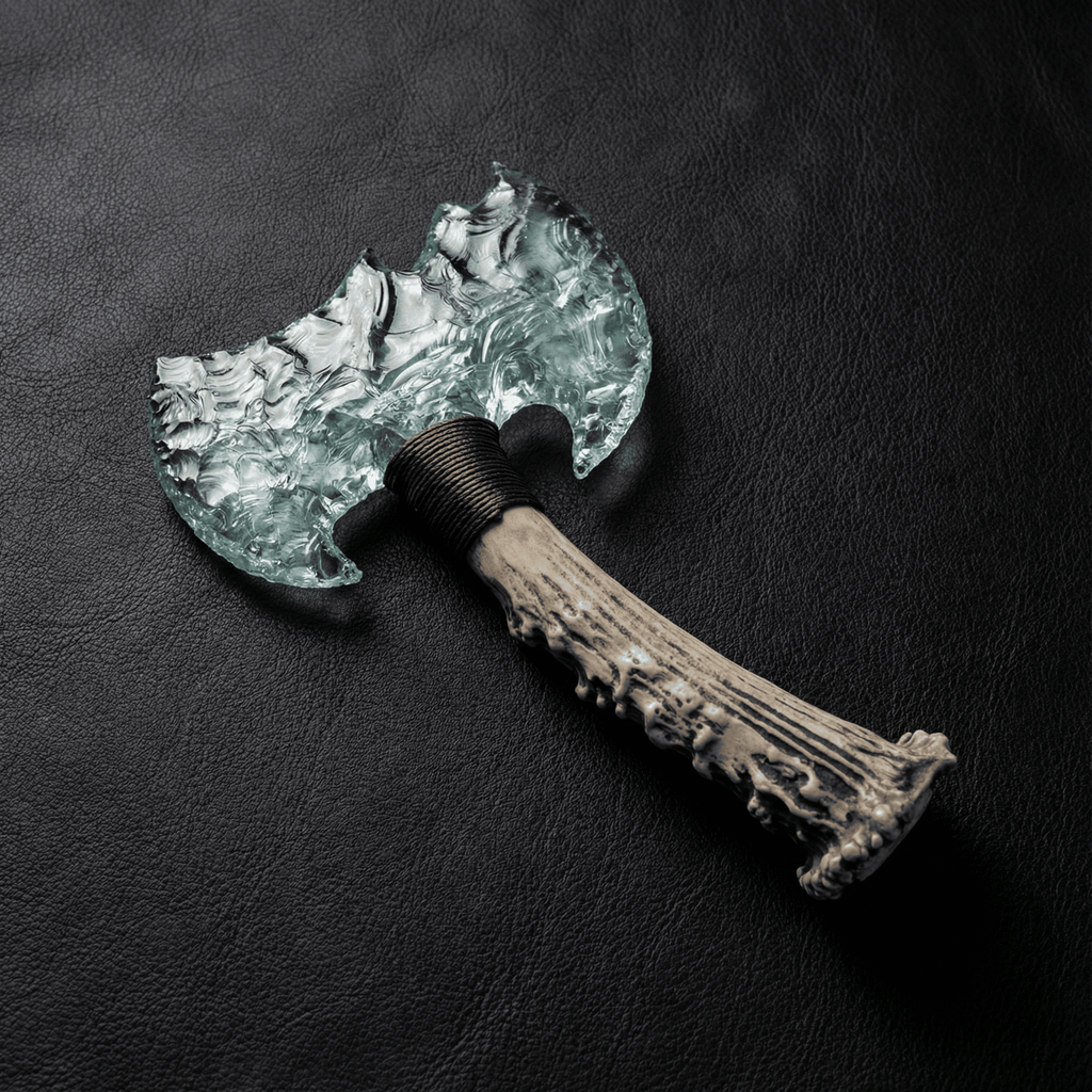 Clear crystal Axe Stone Blade Ghostcleaver with antler handle on black leather background