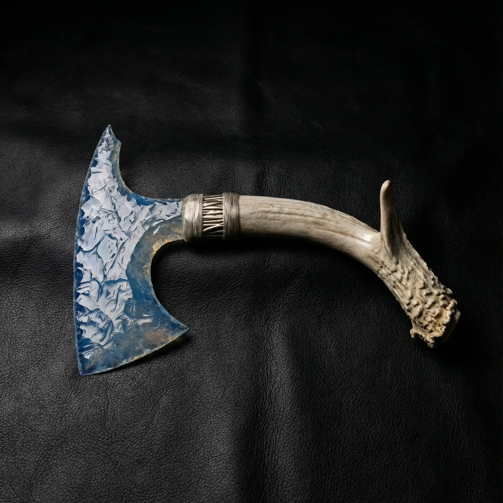 Transparent opal Axe Stone Blade Moonveil with antler handle on black leather background