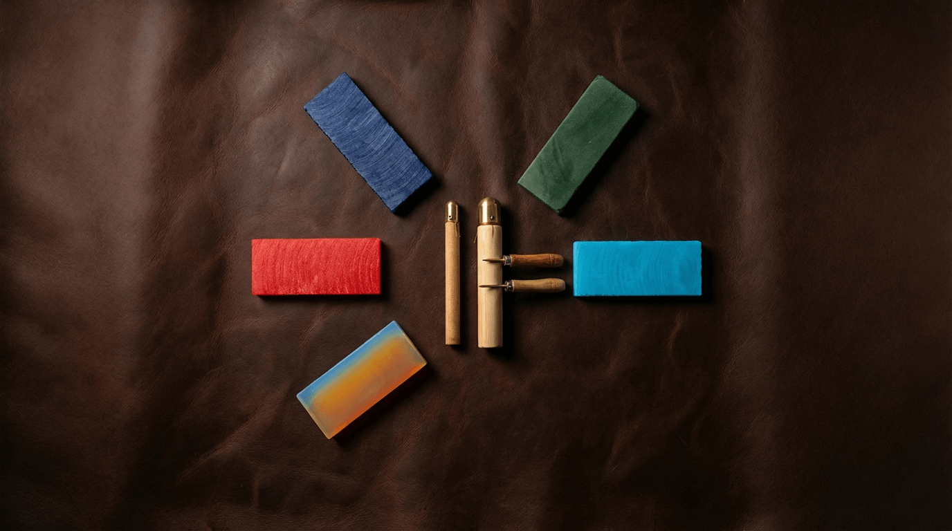 Stoneblade Forge crystal blade materials and carving tools arranged on brown leather background with blue, green, red, cyan, and opalite blanks