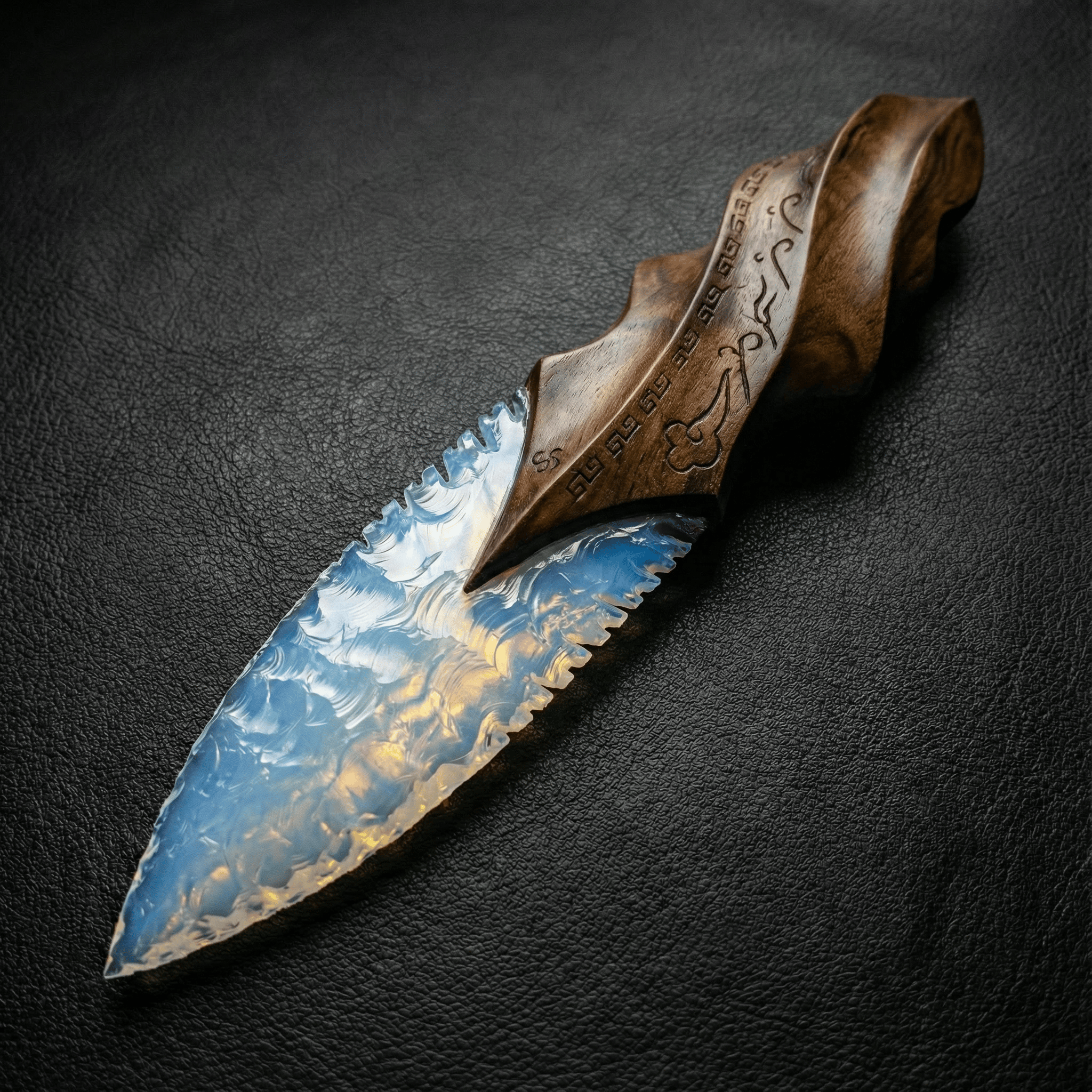 Stoneblade Forge hand-knapped blue opalite crystal dagger with carved wooden handle on black textured background