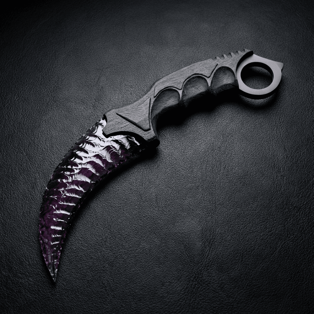 Deep purple crystal claw stone blade on black leather background, top view