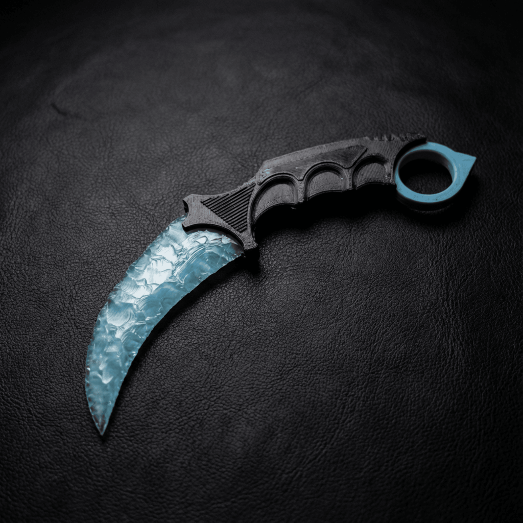 Ice-blue crystal claw stone blade on black leather background, top view