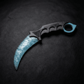 Ice-blue crystal claw stone blade on black leather background, top view