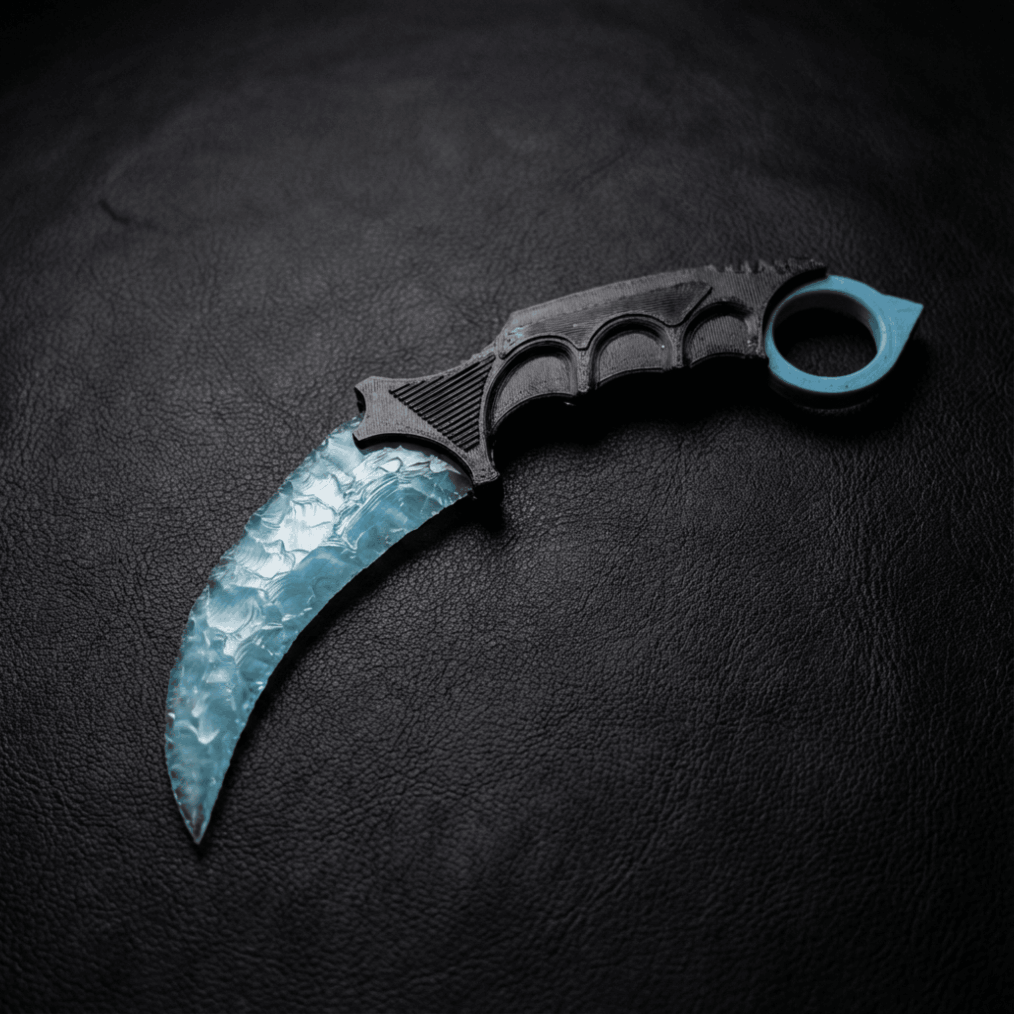 Ice-blue crystal claw stone blade on black leather background, top view
