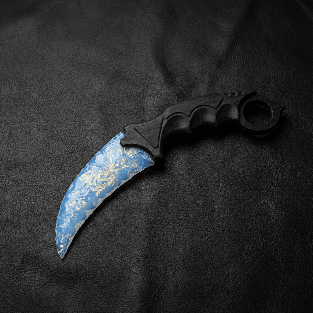 Opal-blue crystal claw stone blade with golden iridescence on black leather background, top view