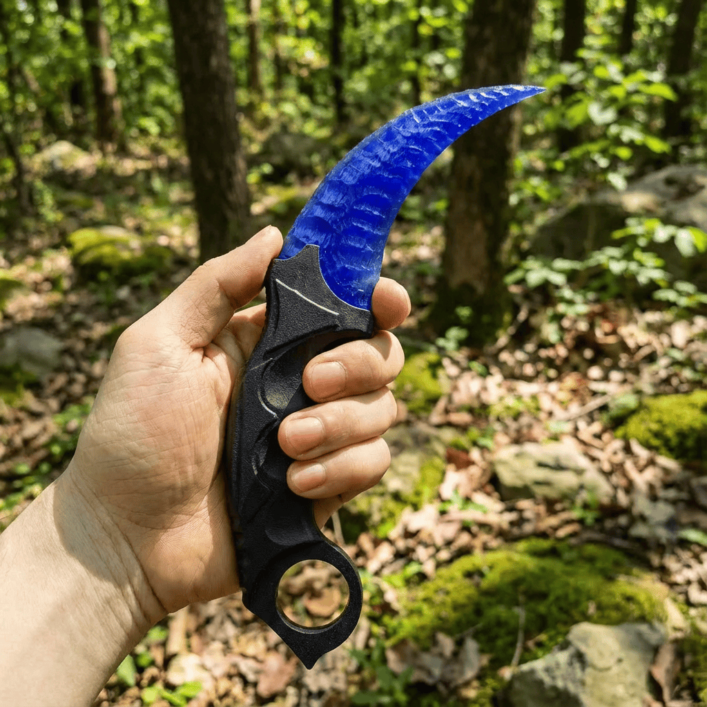 Hand holding deep-blue crystal claw stone blade outdoors in forest, side view