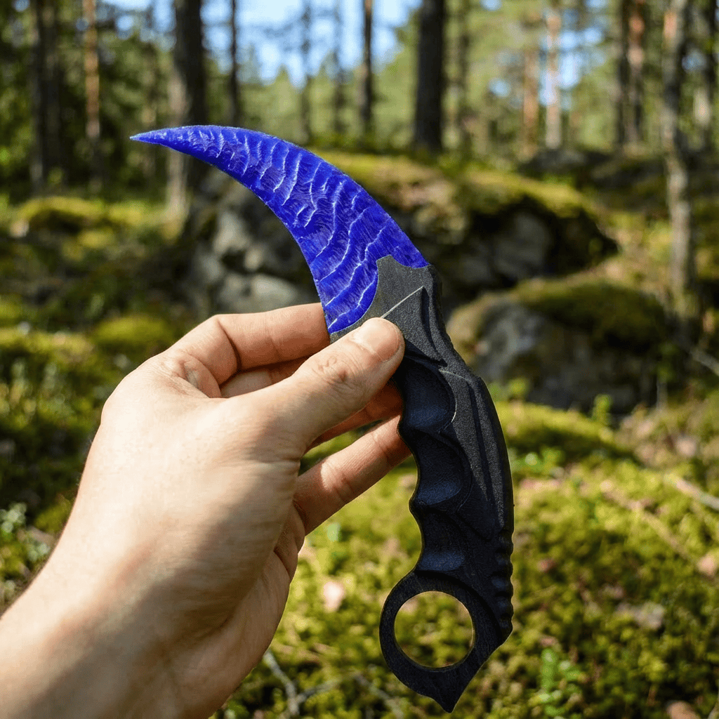Deep-blue crystal claw stone blade in hand over mossy forest ground, angled view