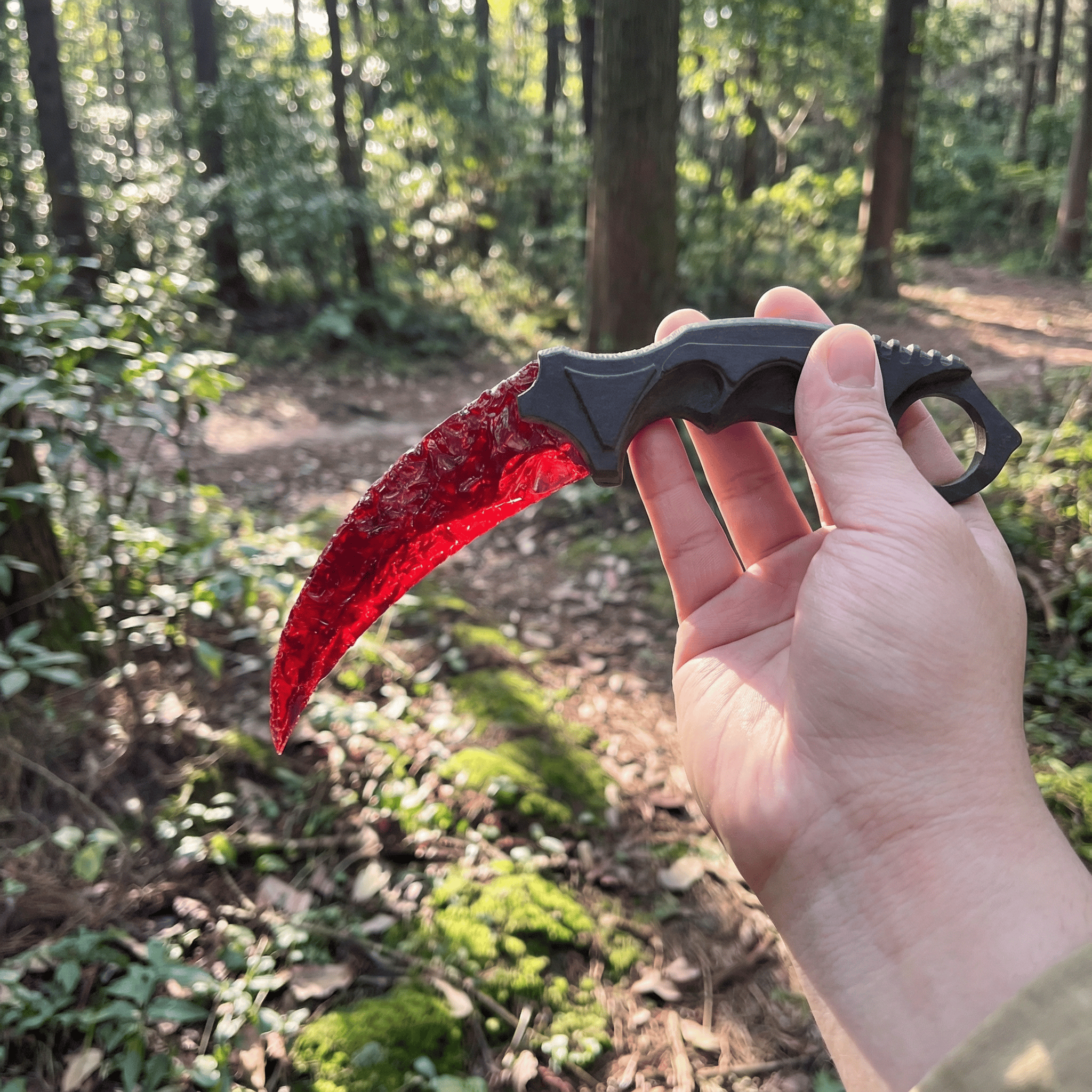 Hand holding red crystal claw stone blade outdoors in forest, side view
