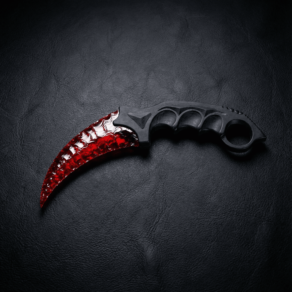 Red crystal claw stone blade on black leather background, top view