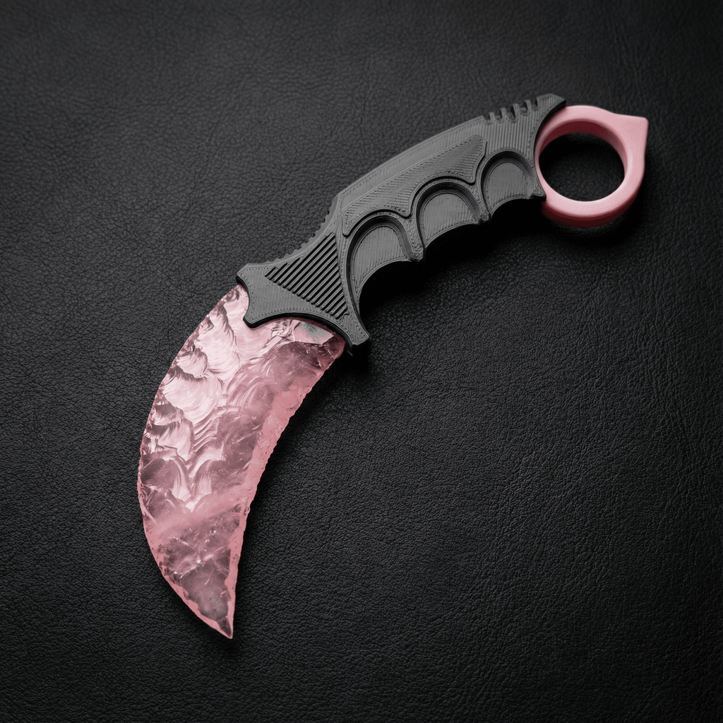 Pink crystal claw stone blade on black leather background, top view