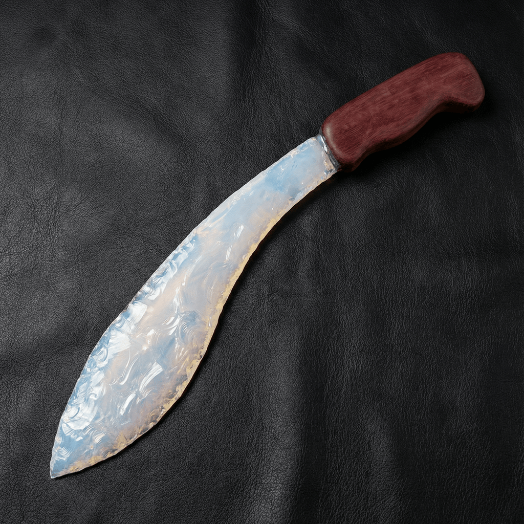 Icy blue opal Curved Stone Blade Auroraflare on black leather background