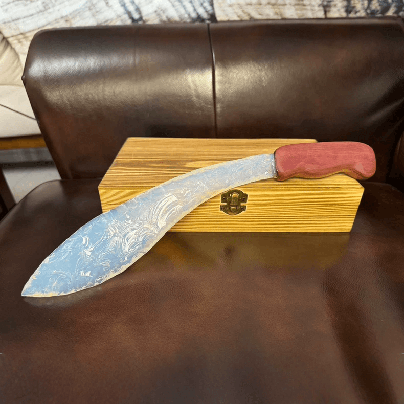Auroraflare curved opal stone blade displayed on wooden box showing redwood handle