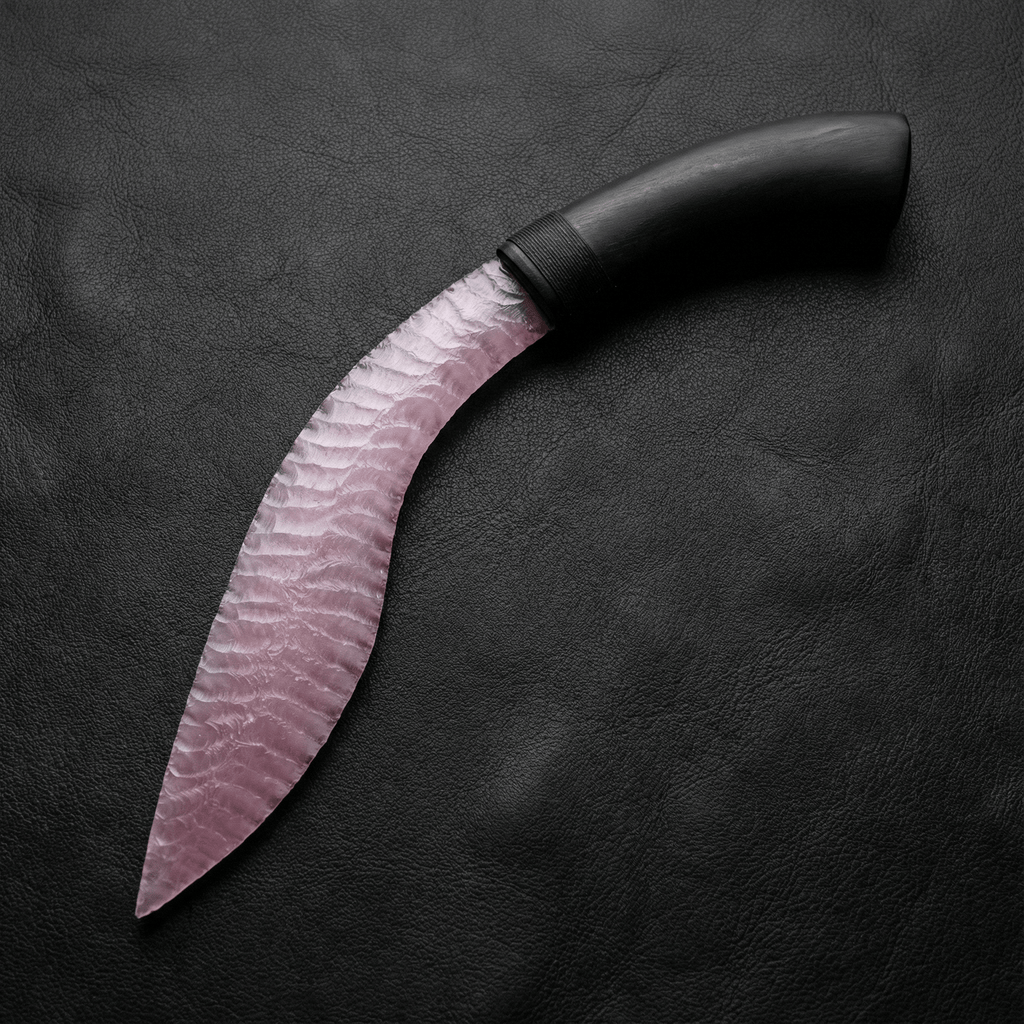 Blush pink rose quartz Curved Stone Blade Nightbloom on black leather background