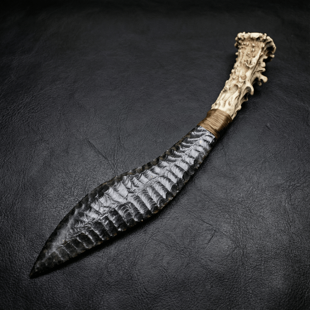 Silver sheen obsidian Curved Stone Blade Stagshade with antler handle on black leather background