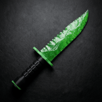 Stoneblade Forge Dagger Stone Blade “Doppler” — vivid green translucent crystal blade with knapped-style ridges and a black tactical handle, styled on black leather.