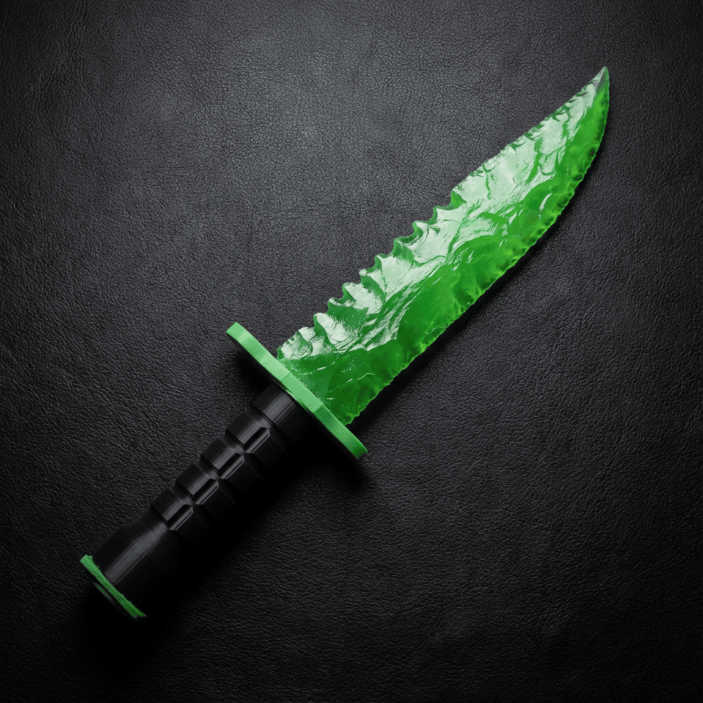 Stoneblade Forge Dagger Stone Blade “Doppler” — vivid green translucent crystal blade with knapped-style ridges and a black tactical handle, styled on black leather.