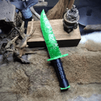 Stoneblade Forge Dagger Stone Blade “Doppler” — angled product shot on fur with rustic props, highlighting the glowing green blade texture and serrated knapped edge profile.