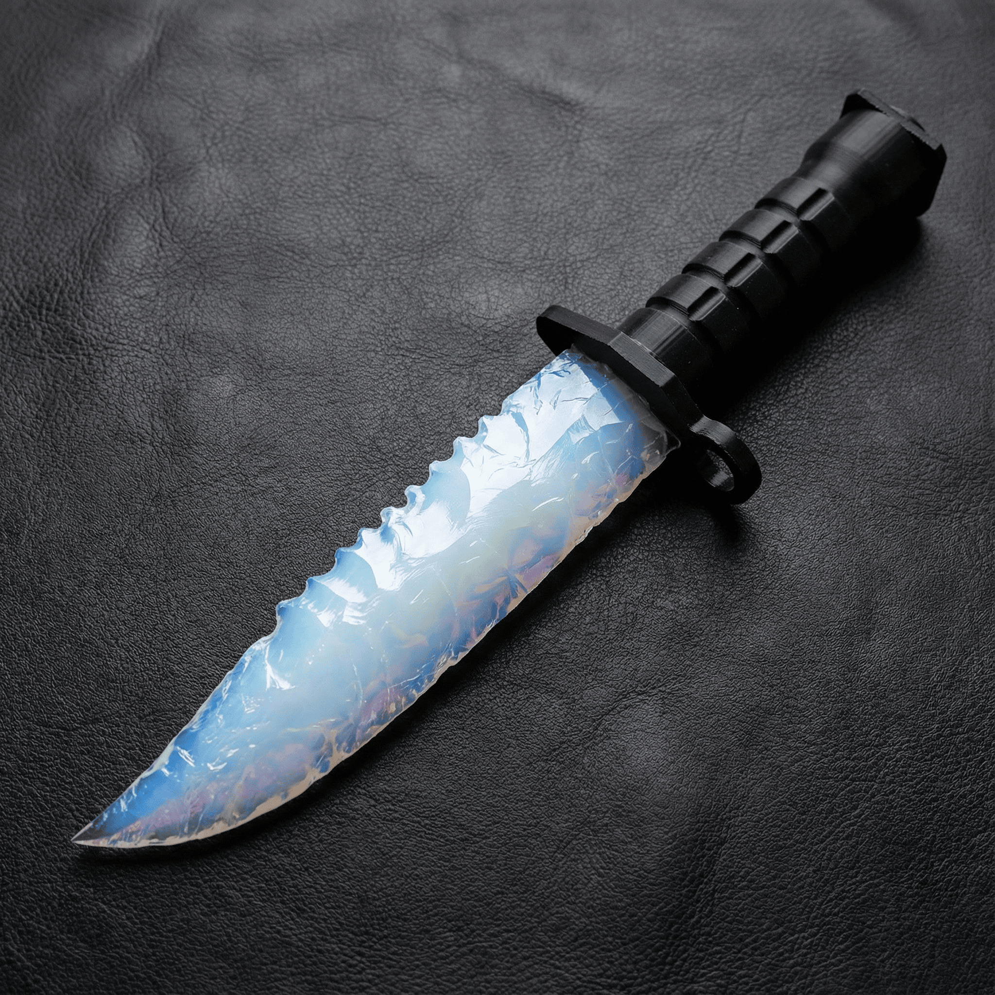 Stoneblade Forge Dagger Stone Blade “Frostveil” — icy blue translucent stone blade with knapped-style ridges and a black tactical handle, styled on black leather.