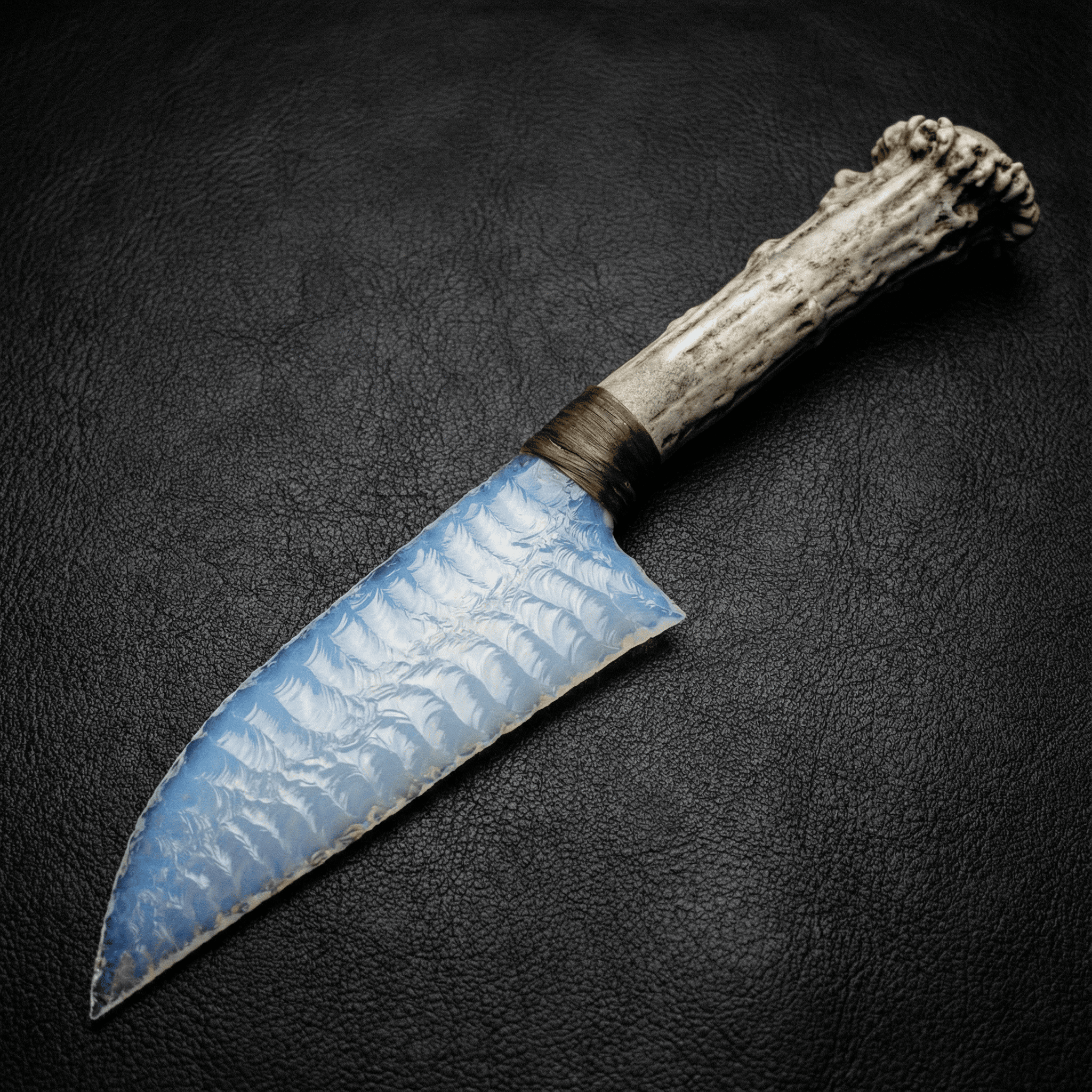 Stoneblade Forge Dagger Stone Blade “Moonwisp” — pale blue translucent crystal blade with hand-knapped scar patterns and an antler-style handle, styled on black leather.