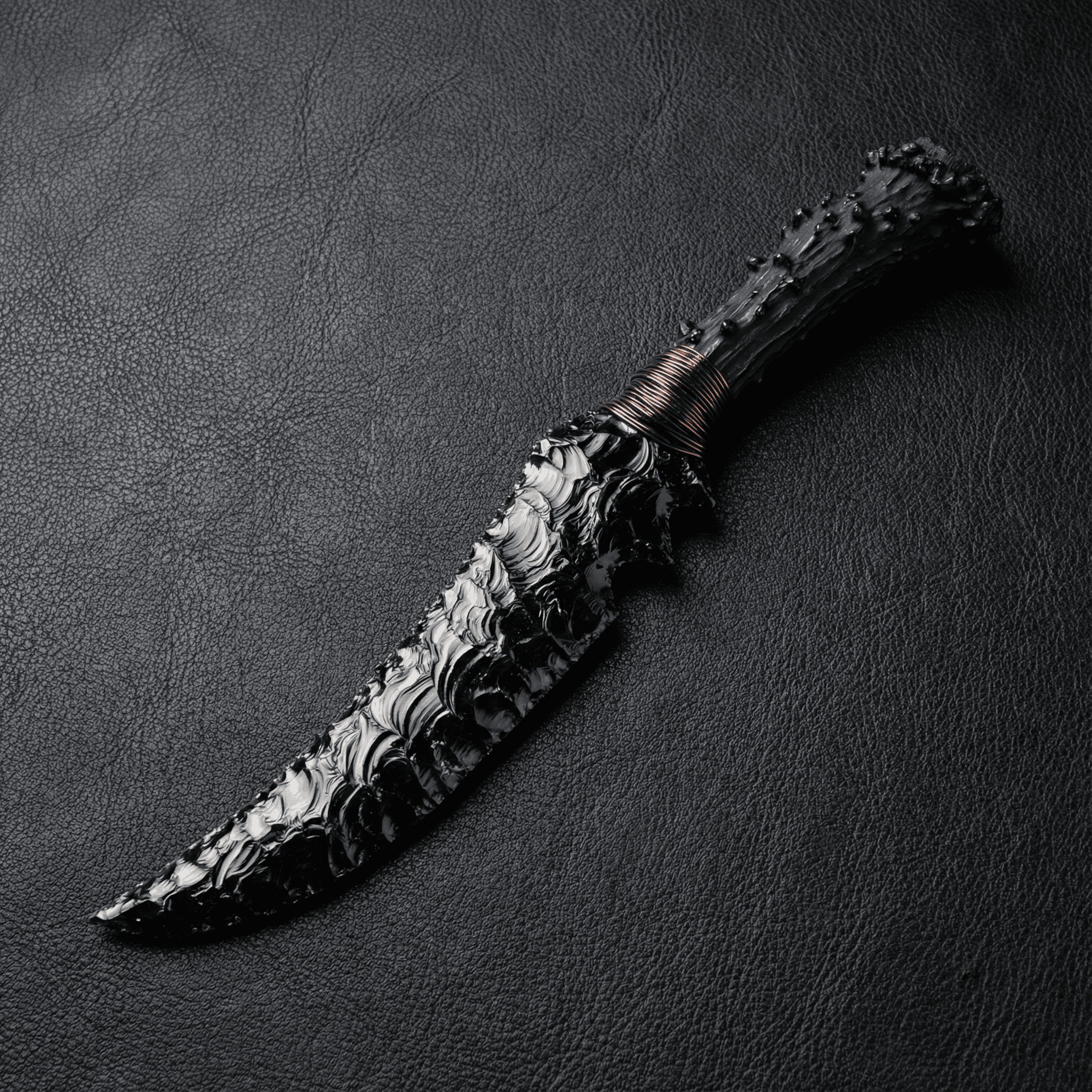 Stoneblade Forge Dagger Stone Blade “Wraith” — glossy black knapped-style dagger on black leather, featuring a curved obsidian-like blade, copper wire wrap, and textured dark handle.