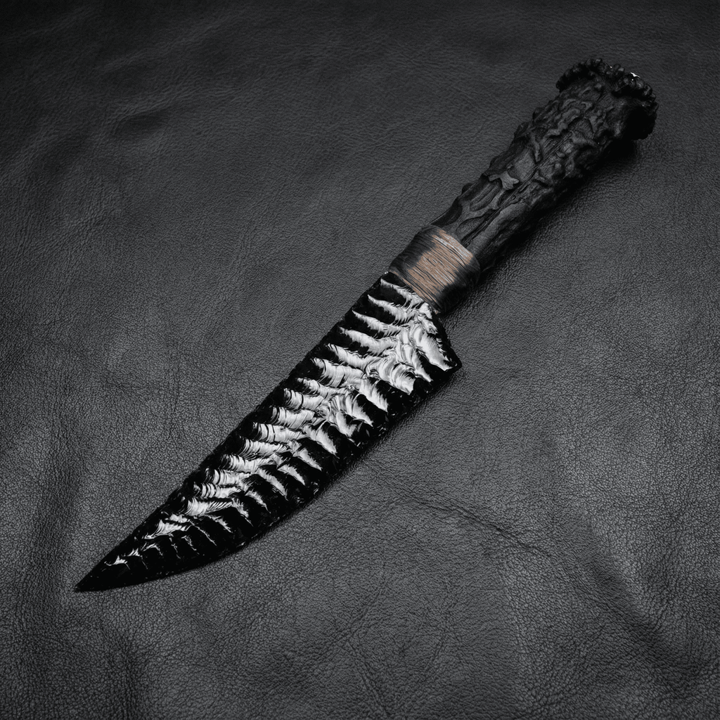 Obsidian crystal stone blade dagger Marauder, paired with black antler handles
