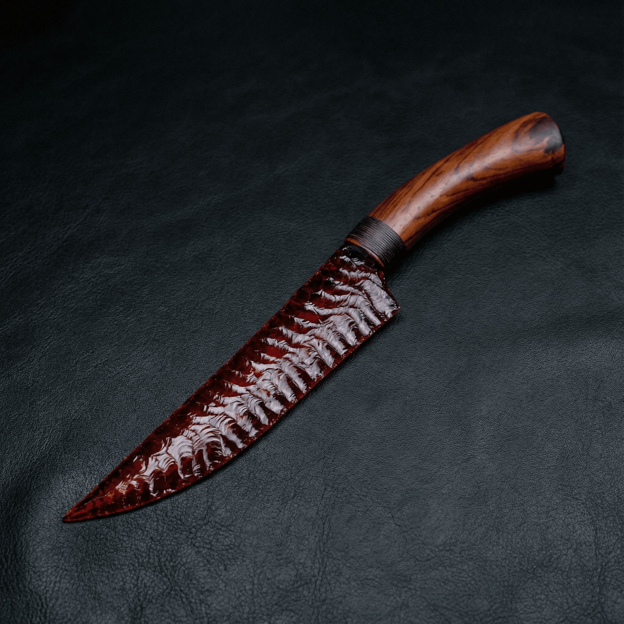 Marauder obsidian crystal dagger on black leather, hand-knapped blade with dark carved handle
